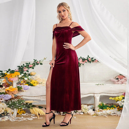 Slit Velvet Off-Shoulder Spaghetti Strap Dress