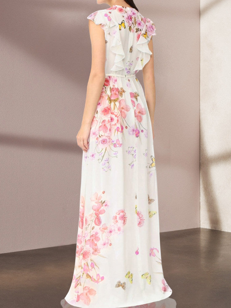 White Floral Flying Sleeves Maxi Dress Avalabel
