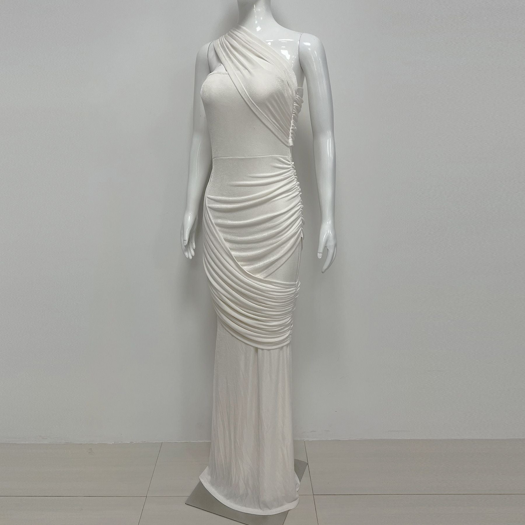 Janice Asymmetrical Off-Shoulder Ruffled Fishtail Maxi Dress - White Avalabel