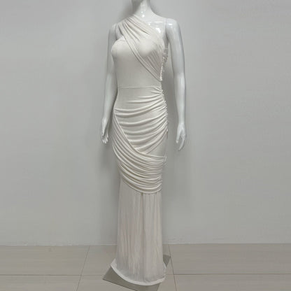 Janice Asymmetrical Off-Shoulder Ruffled Fishtail Maxi Dress - White