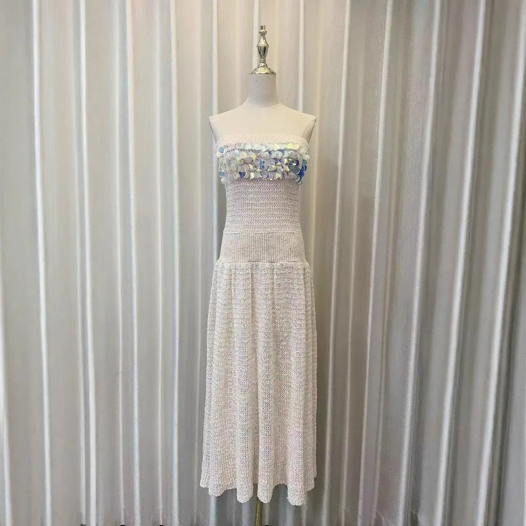 kimberley beige off-shoulder Sleeveless sequin jersey Maxi Dress Avalabel