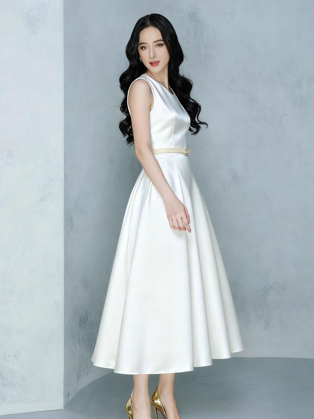 Irregular Bow A-line Midi Dress with Belt Avalabel