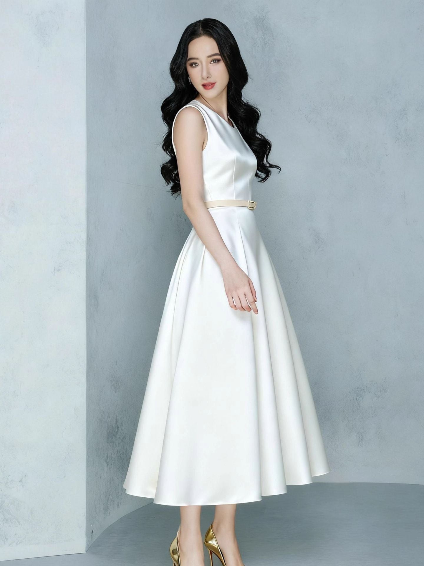 Irregular Bow A-line Midi Dress with Belt Avalabel