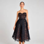 Agnens Black Sexy Strapless Embroidered Lace Midi Dress Avalabel