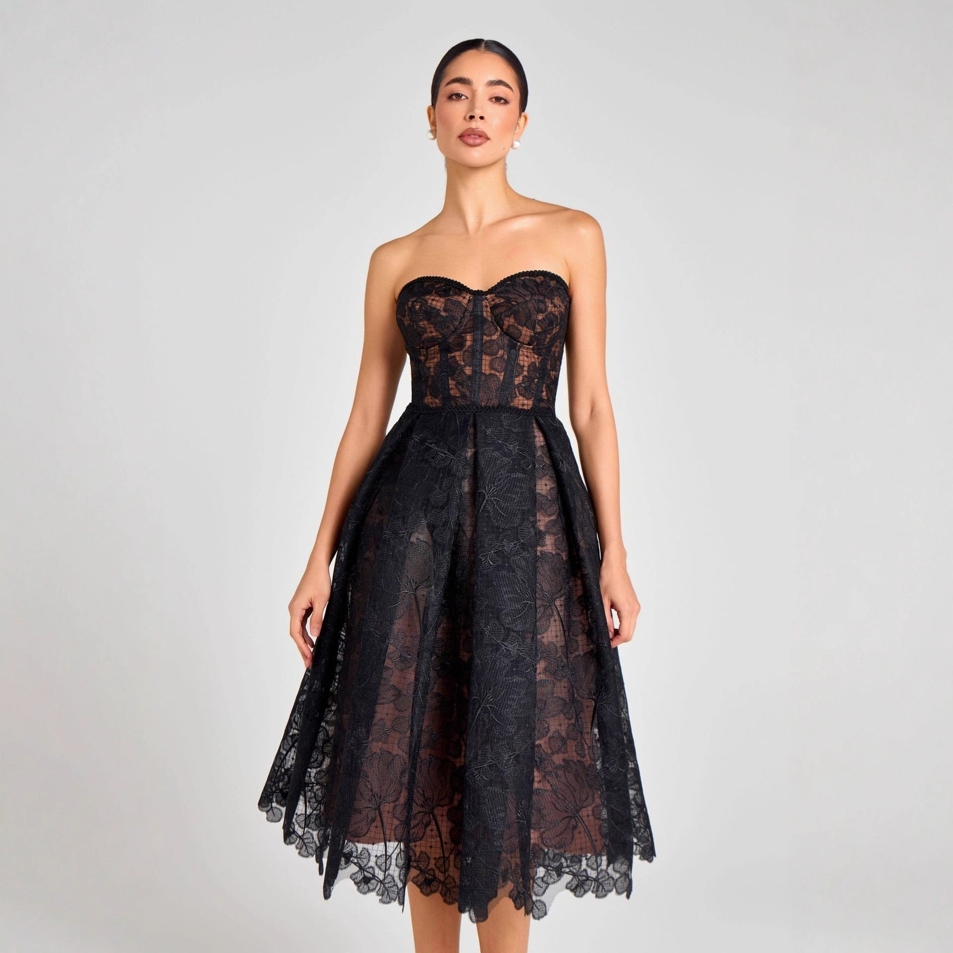 Agnens Black Sexy Strapless Embroidered Lace Midi Dress Avalabel