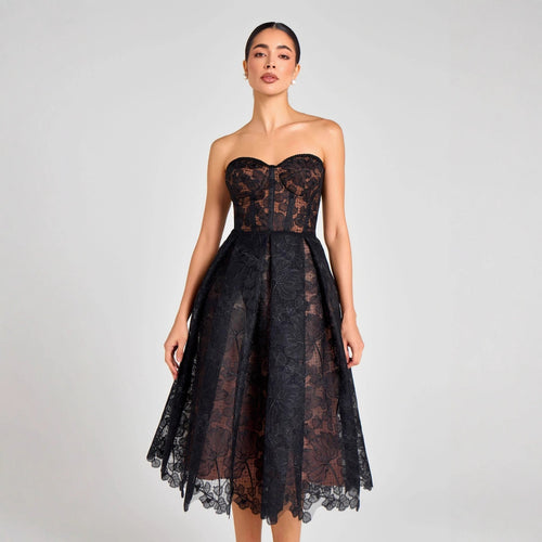 Agnens Black Sexy Strapless Embroidered Lace Midi Dress Avalabel