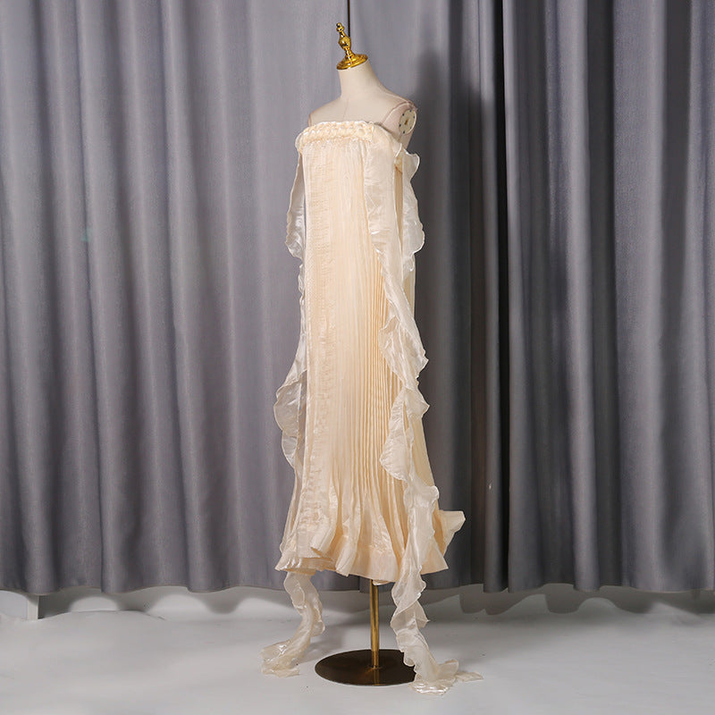 quintina Off Shoulder Pleated Maxi Dress in apricot
