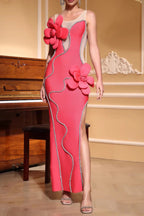 Diamond 3D Flower Sequin Bandage Maxi Dress in Rose Red Avalabel