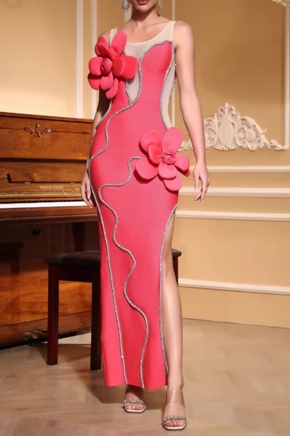 Diamond 3D Flower Sequin Bandage Maxi Dress in Rose Red Avalabel
