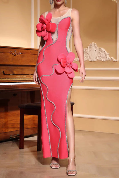 Diamond 3D Flower Sequin Bandage Maxi Dress in Rose Red