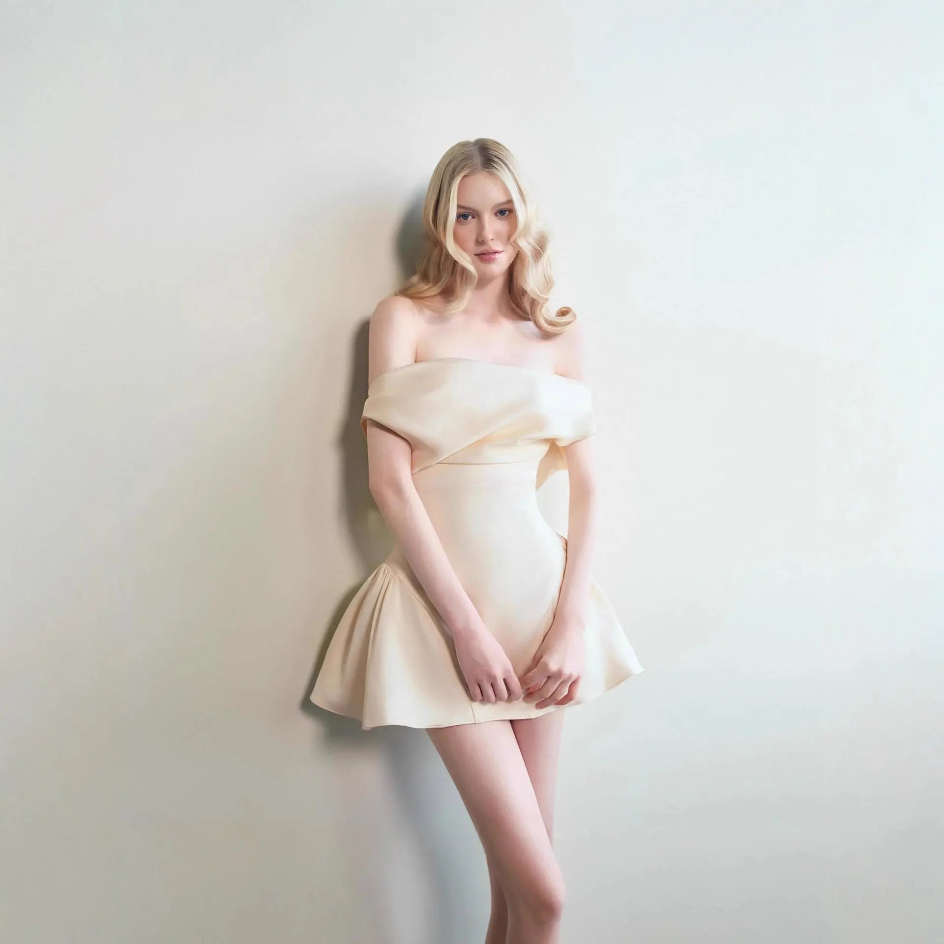 Tina Satin Ruched Mini Dress in Cream White Avalabel