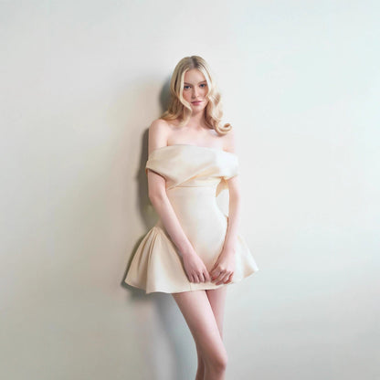 Tina Satin Ruched Mini Dress in Cream White