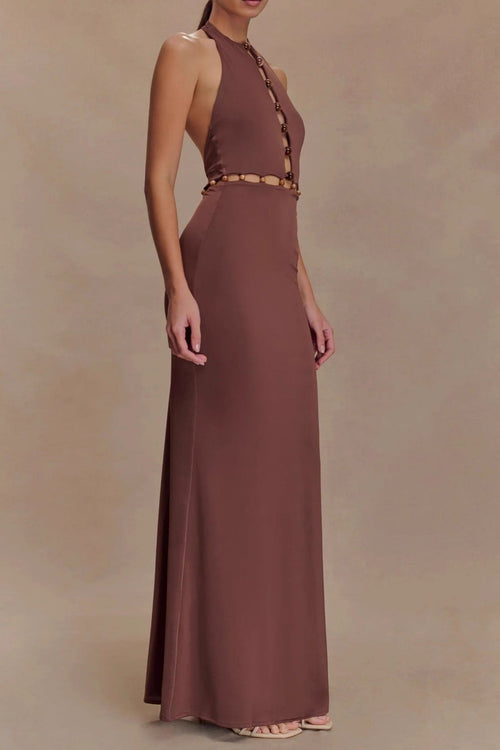 Brown Halterneck Open Back Maxi Dress Avalabel