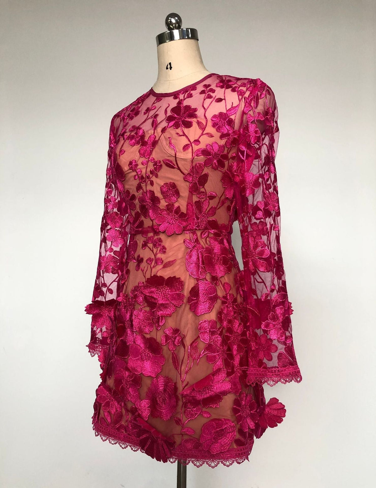 Rose red floral lace Long Sleeve Mini Dress Avalabel