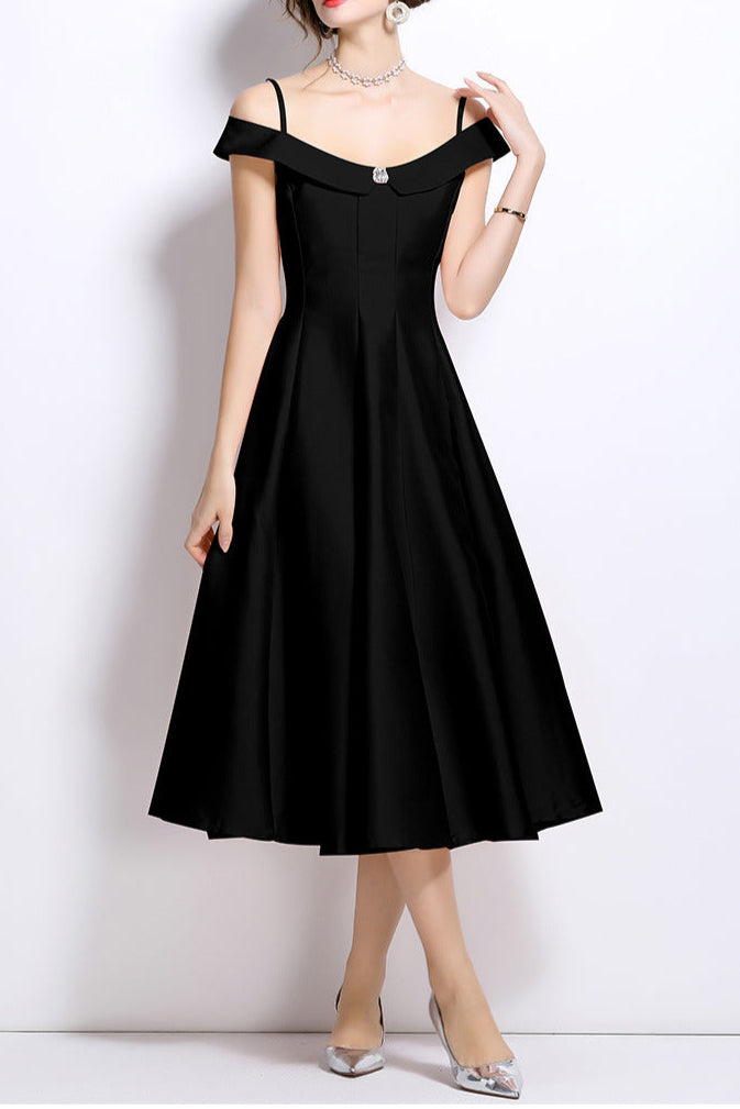 Meroy Off-Shoulder Satin Pleated Midi Dress in Black Avalabel