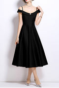 Meroy Off-Shoulder Satin Pleated Midi Dress in Black Avalabel
