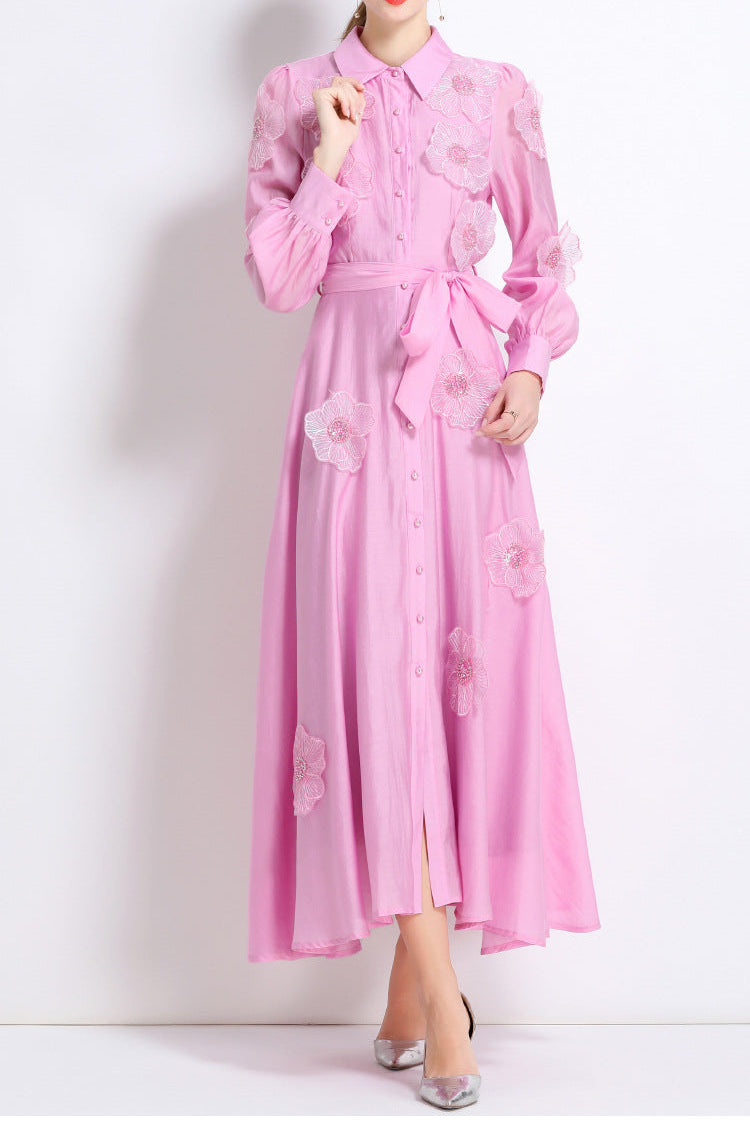 Sally Lapel Embroidered Appliqué Midi Dress in Pink Soraya