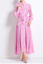 Sally Lapel Embroidered Appliqué Midi Dress in Pink Soraya