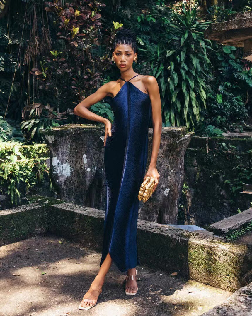 tassel rear slit halterneck dress Avalabel