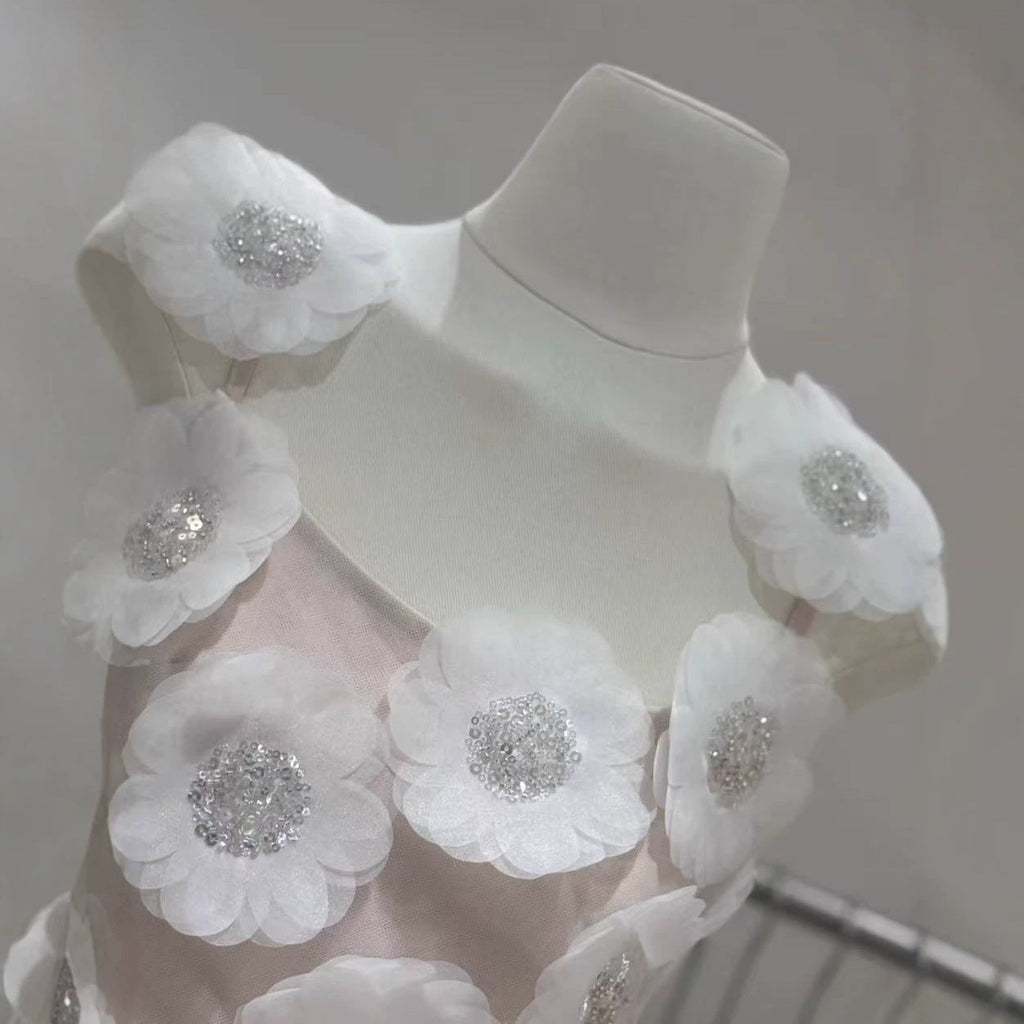 Lola Rhinestone 3D Flowers Mini Dress - White Avalabel