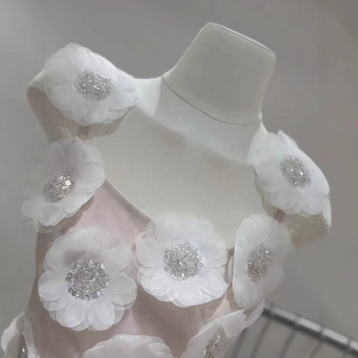 Lola Rhinestone 3D Flowers Mini Dress - White Avalabel
