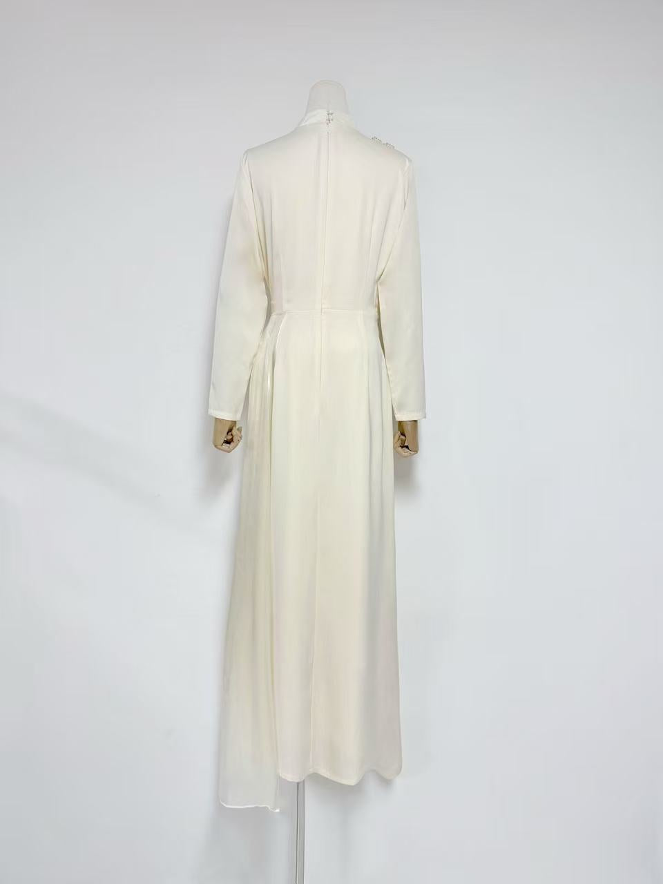 crystal flower Long-sleeve lace pleated maxi dress in apricot