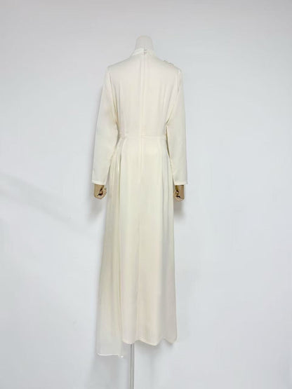 crystal flower Long-sleeve lace pleated maxi dress in apricot