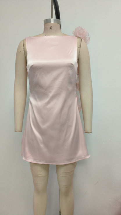 Zenobia Floral Detail Mini Satin Mini Dress in Pink