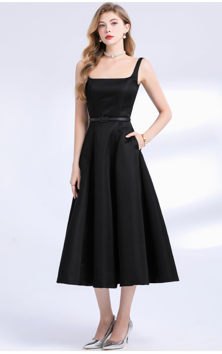 Amelia Square Neck Satin Slip Midi Dress - Black Avalabel