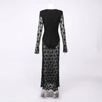 gwendolyn v neck hollow long sleeve lace maxi dress  in black Avalabel