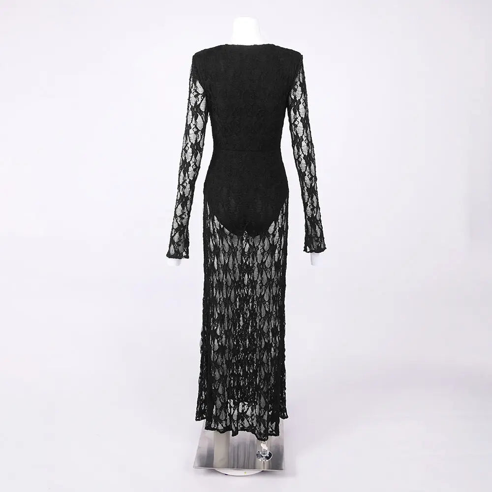 gwendolyn v neck hollow long sleeve lace maxi dress  in black Avalabel