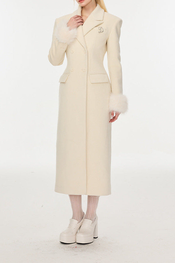 Ivory Slim faux fur mid-length woolen coat Avalabel