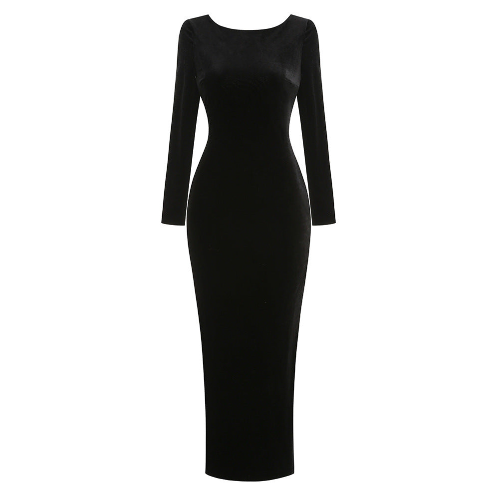Lee Black long-Sleeve Backless Studded Fishtail Velvet Maxi Dress Avalabel