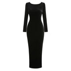 Lee Black long-Sleeve Backless Studded Fishtail Velvet Maxi Dress Avalabel