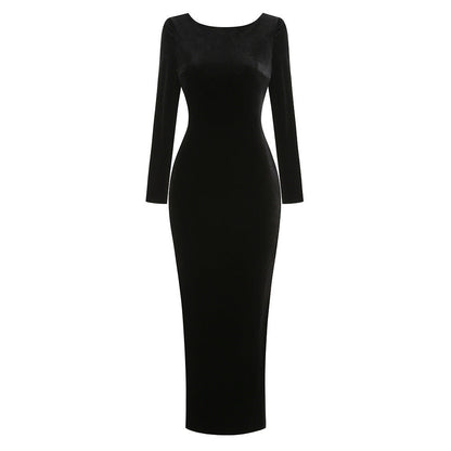 Lee Black long-Sleeve Backless Studded Fishtail Velvet Maxi Dress