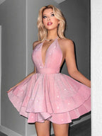 virginia A Line Halter  Tiered mini Dress in pink Avalabel
