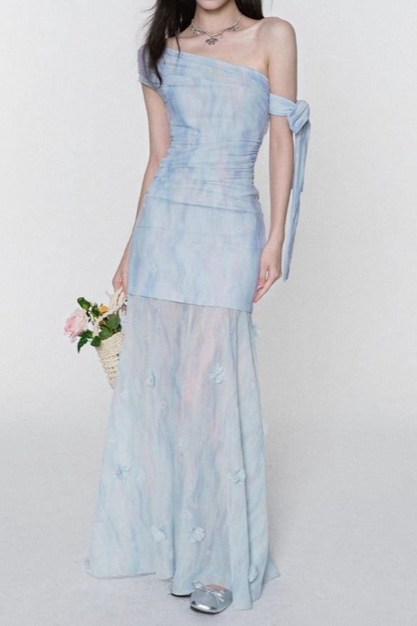 Rosalind One-Shoulder Pleated Slim Maxi Dress in Blue Avalabel