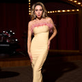 Yellow Midi Bandage Dress with Off-Shoulder Feather Embellishments Avalabel