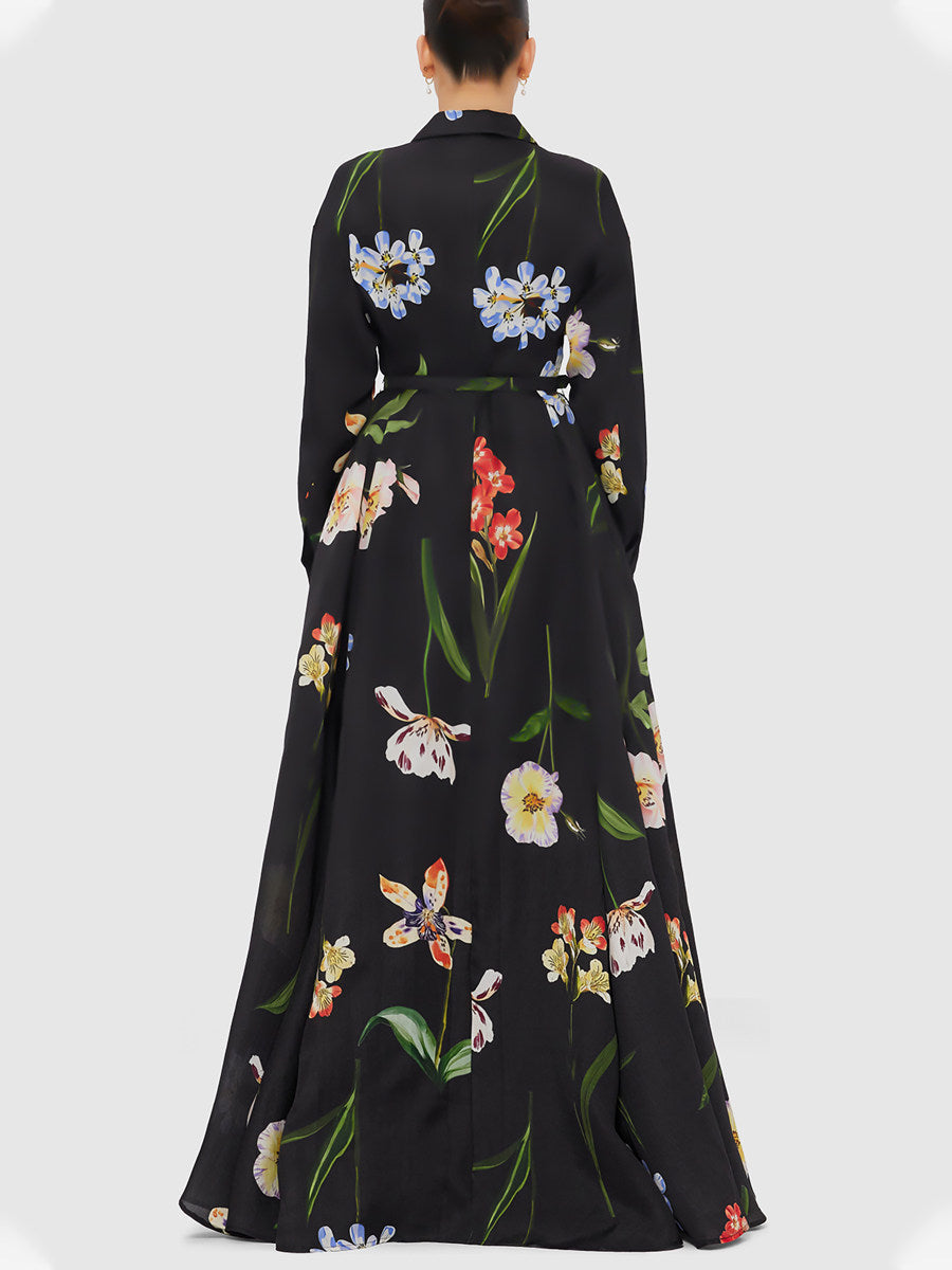 Black Floral Print Belted Shirt Maxi Dress with Slit Avalabel