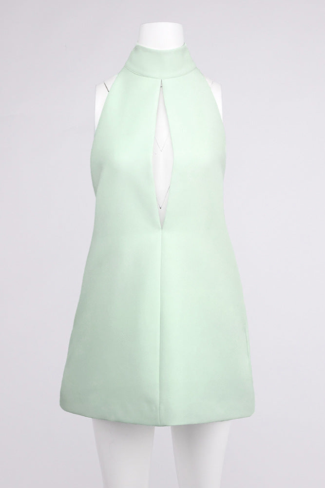 V-Neck Cutout Backless Crepe Halter Dress - Celadon Avalabel