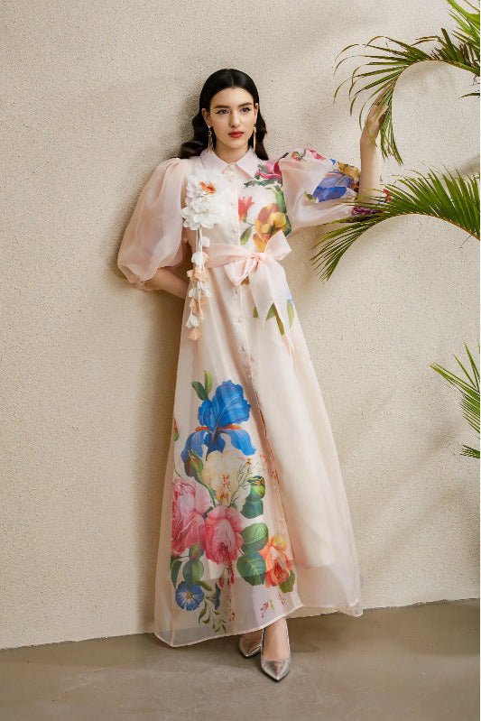 Single-Breasted Floral Printed Puff Sleeve Maxi Dress in Apricot Avalabel