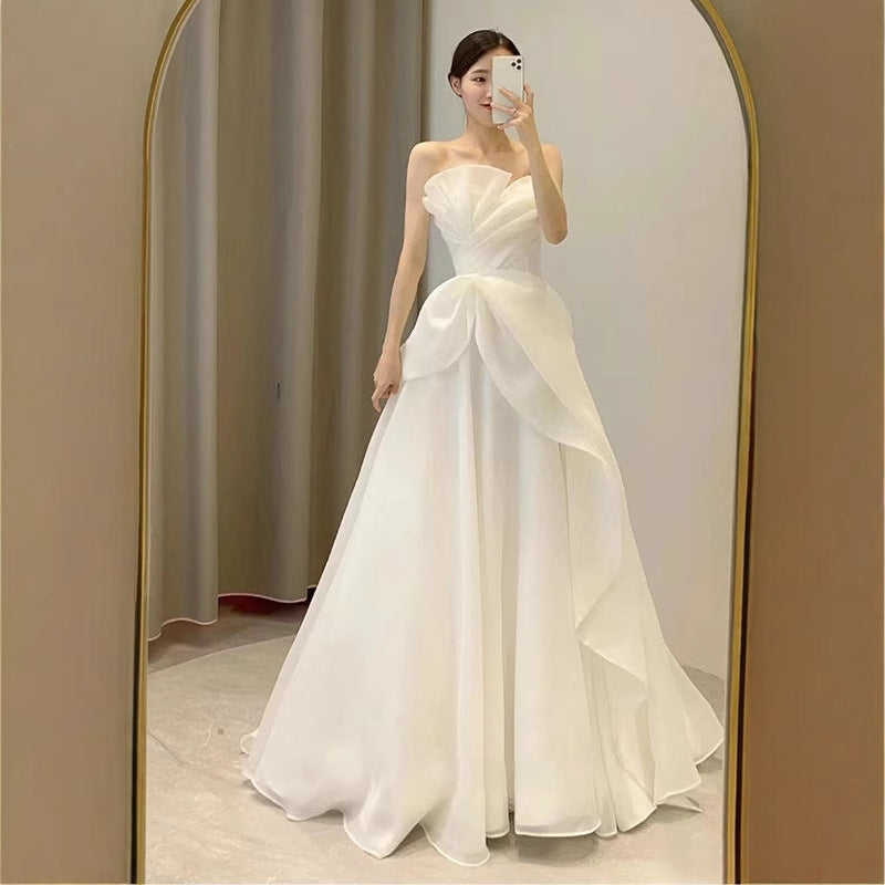 Lynn's White Strapless Minimalist Wedding Dress With a Slimming Effect Maxi Dress Avalabel