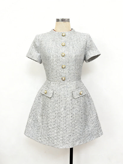 tiffany pearl-embellished tweed mini dress in gold