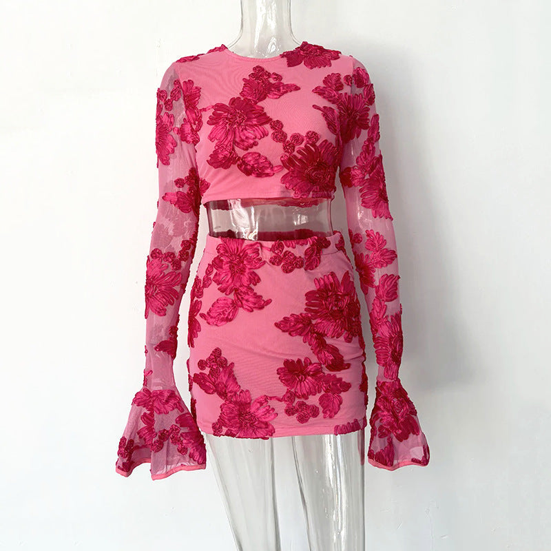Nefertiti Apricot Embroidered Floral Backless T-shirt and Skirt Set Avalabel