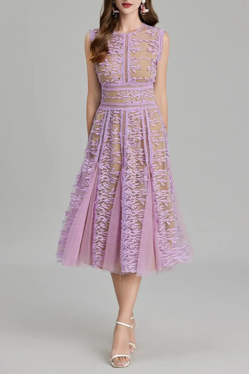 Phoenix 3D Embroidered Lace Mesh Midi Dress in Purple Avalabel