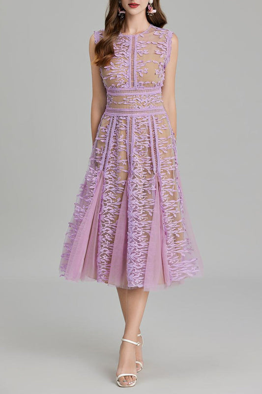 Phoenix 3D Embroidered Lace Mesh Midi Dress in Purple