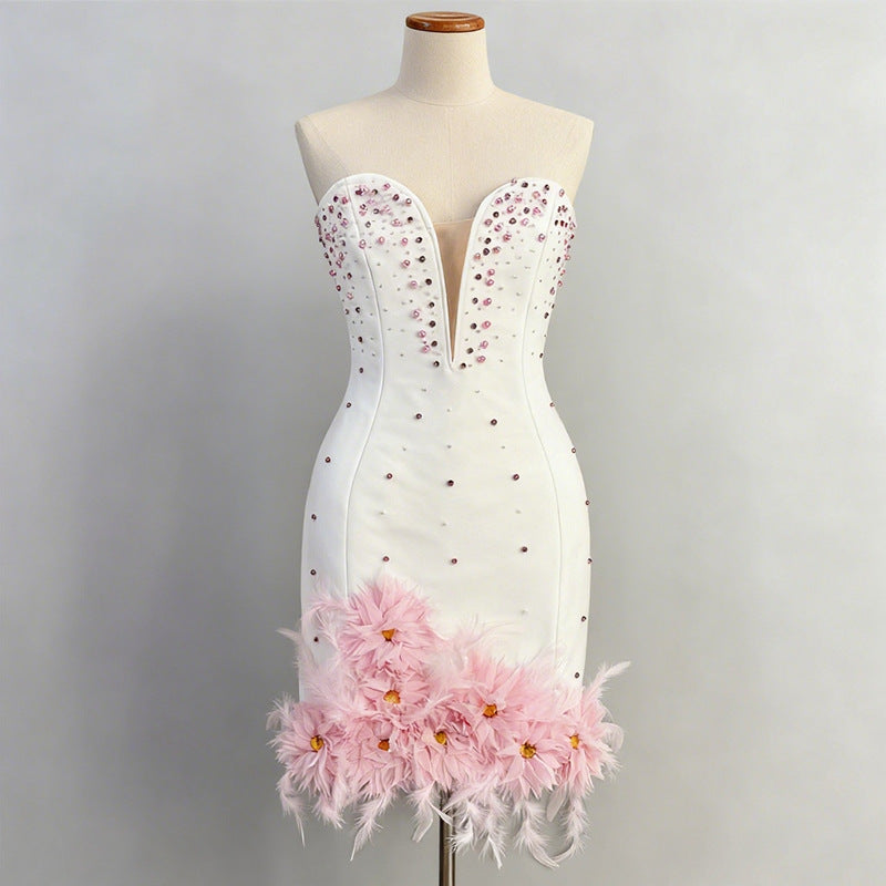 Tube Top deep V-neck pearl bodycon mini dress in pink Avalabel