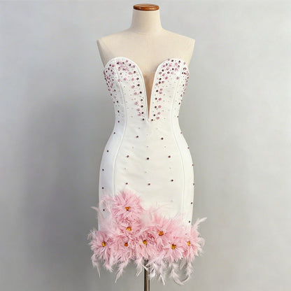 Tube Top deep V-neck pearl bodycon mini dress in pink