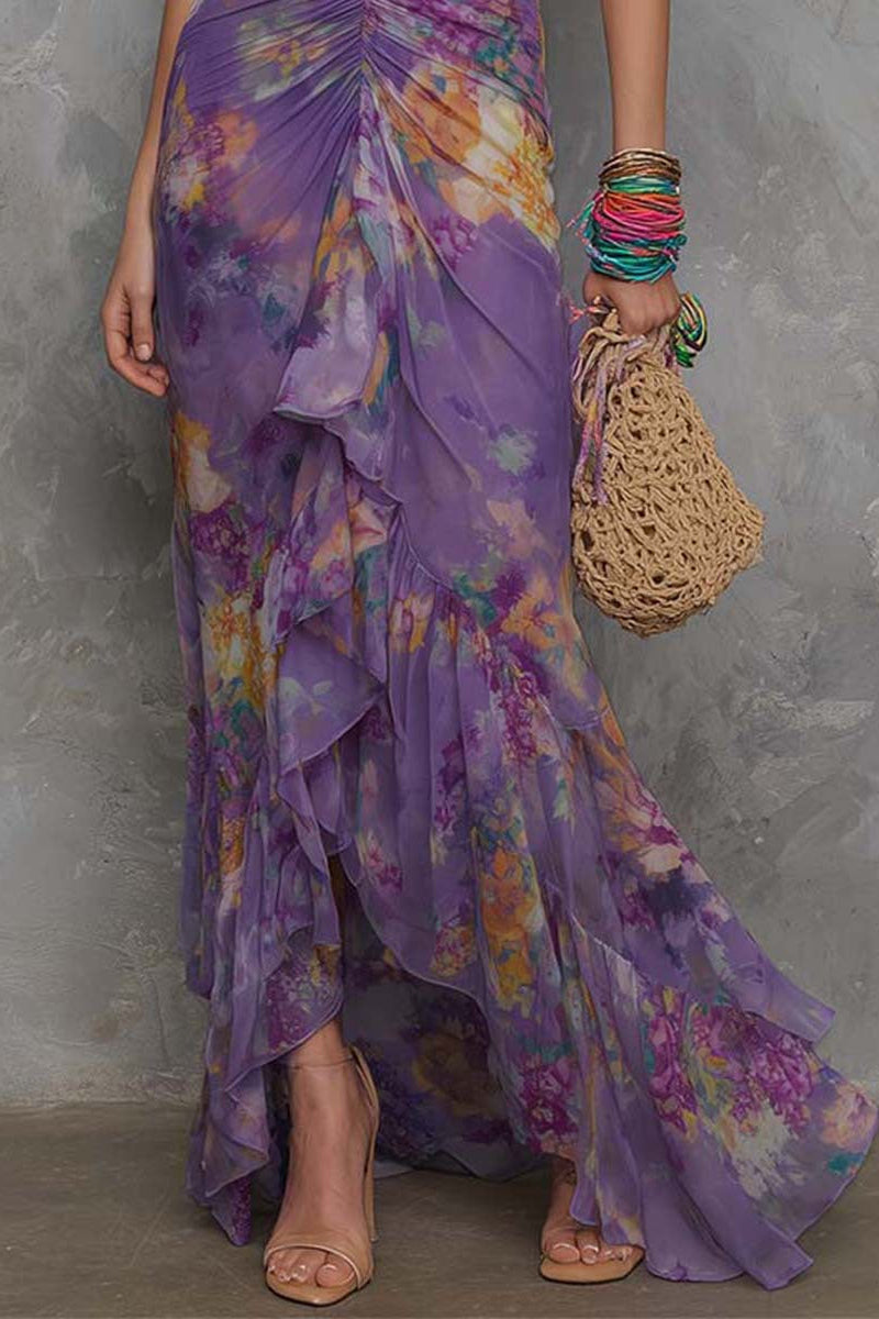 Purple Floral Halter Ruched Maxi Dress Avalabel