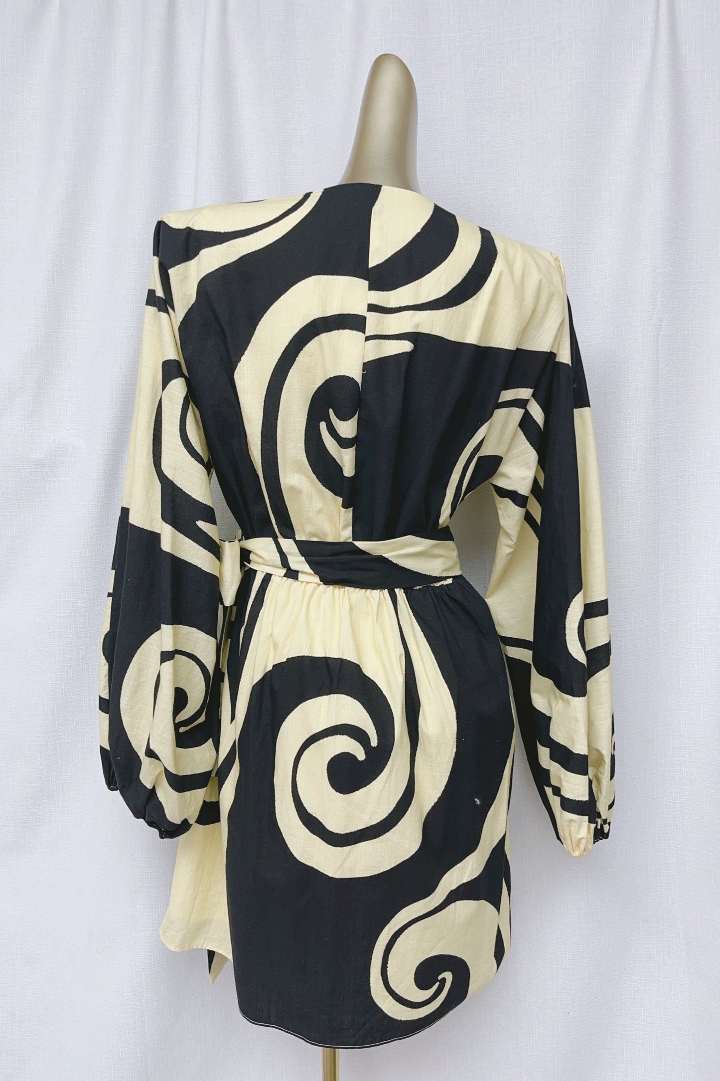 Oceanic Swirl V-Neck Puff Sleeve Mini Dress